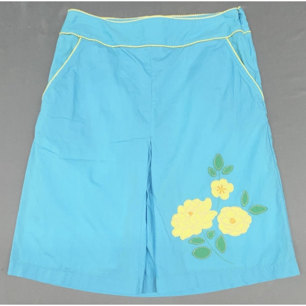 LL Bean Skirt 4 Blue Yellow Cotton Embroider Flower Pockets Coastal Prep Cottage